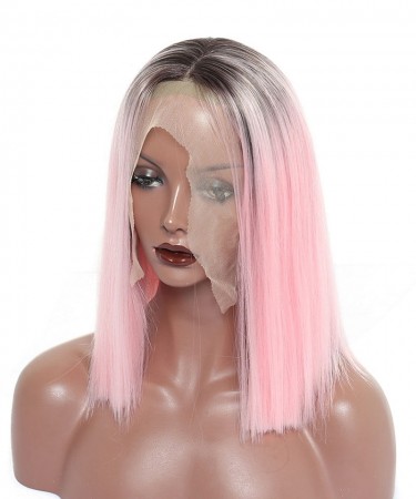 CARA Synthetic Lace Front Wig Ombre Wigs 1B Pink Straight Short Bob Lace Front Wigs 