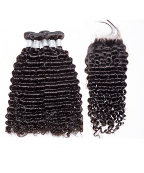 CARA Brazilian Deep Curly Lace Closure with 3 Bundles Natural Color