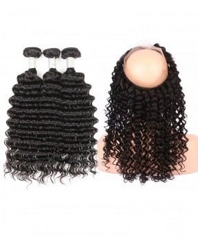 CARA Human Hair Deep Wave 360 Lace Frontal Closure With 3 Bundles
