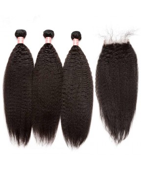 CARA Kinky Straight Lace Closure with 3 Bundles Natural Color 100% Human Hair Weaves